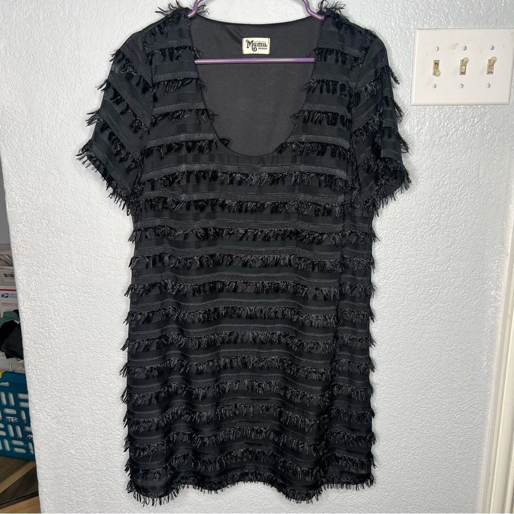 Show Me Your Mumu Demi Fuzzy Fringe Mini Short Sleeve Black Dress Sz M Boho, - Picture 2 of 10